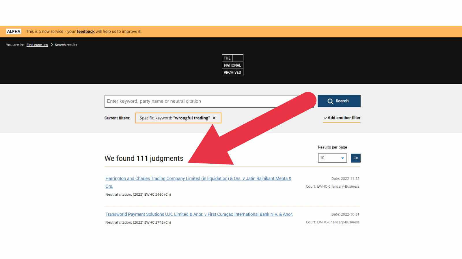 national archives wrongful trading search results