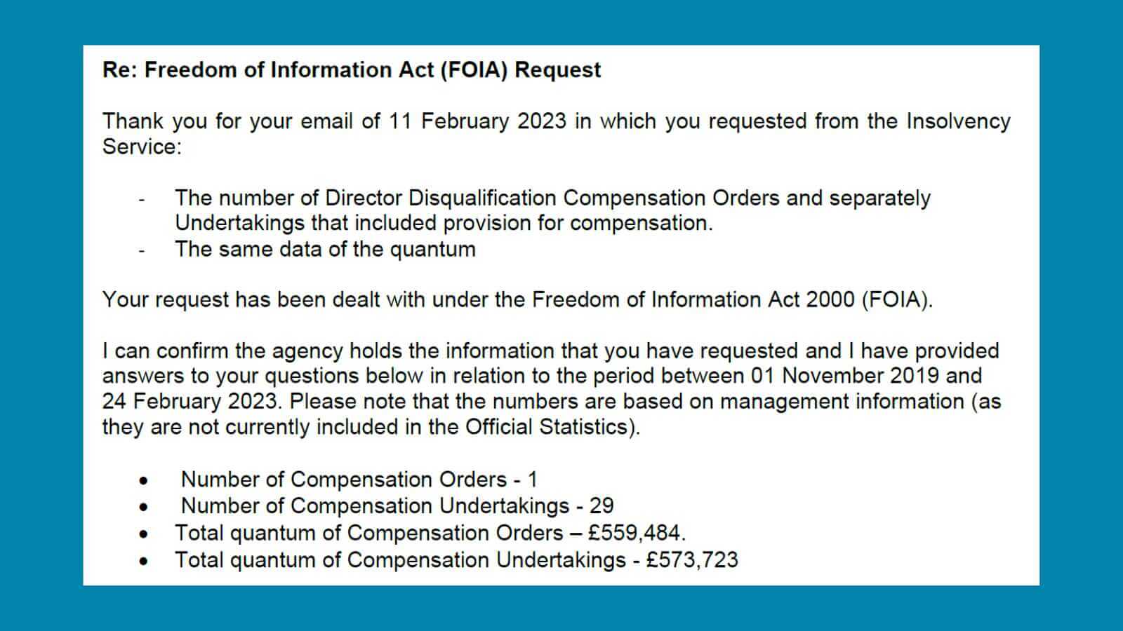 director disqualification FOI request on compensation orders